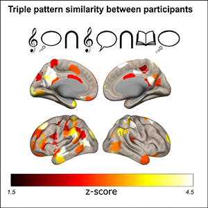 Distinct activation patterns emerge in higher order areas for imagined stories whether prompted by music or by speech or by telling a story out loud. Credit: Princeton University