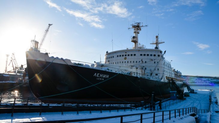 The first Soviet nuclear-powered icebreaker, Lenin, now a museum, is docked in Murmansk on March 3, 2018. The U.S. and China are setting their sights on the warming Arctic, where Russia has operated for some time.