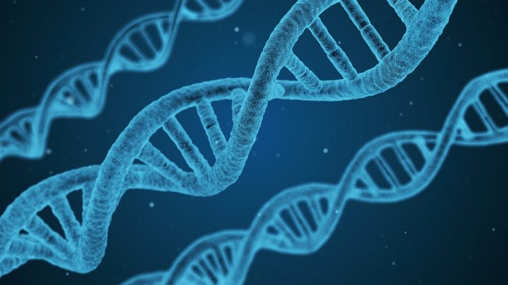 An artistic rendering of strands of DNA in blue.
