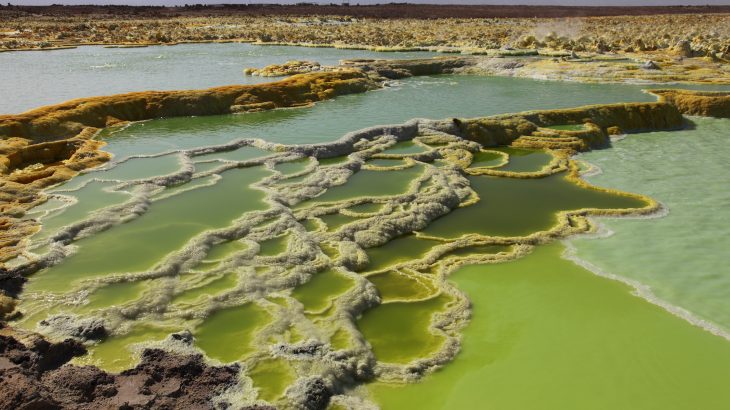 The Dallol hot springs are highly acidic and saline and can reach temperatures of nearly 230 degrees Fahrenheit.