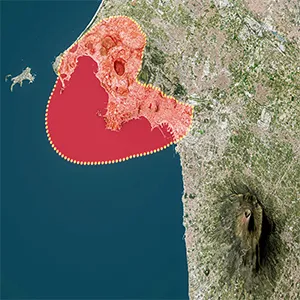 Satellite view Phlegraean Fields and Solfatara crater showing a massive caldera supervolcano named Campi Flegrei west of Naples, Italy. It is part of the Campanian volcanic arc, which includes Mount Vesuvius. Credit: Geology