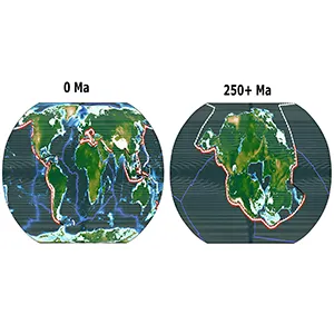 Illustration showing the geography of today’s Earth and the projected geography of Earth in 250 million years, when all the continents converge into one supercontinent (Pangea Ultima). Credit: University of Bristol.