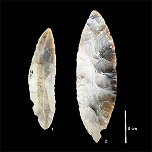 ラニスのLRJから出土した石器。 1) LRJ の部分的な両面刃先の特徴。 2) ラニスでは、LRJ にも、細かく作られた両面葉のポイントが含まれています。クレジット: ジョゼフィーヌ・シューベルト。画像をクリックすると拡大します