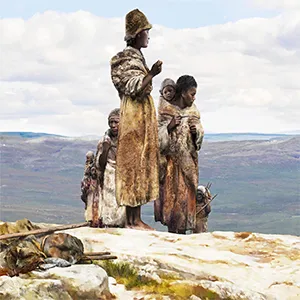 45,000年前にドイツとチェコ共和国のラニスから一緒に旅行していた古代人類をアーティストが描いたイラストが描かれています。クレジット: Tom Björklund/Max Planck 進化人類学研究所。画像をクリックすると拡大します