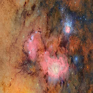 This image combines 678 separate images taken by NSF-DOE's Vera C. Rubin Observatory over just over seven hours of observing. Combining multiple images in this way clearly reveals otherwise faint or invisible details, such as the clouds of gas and dust that make up the Trifid Nebula (upper right) and the Lagoon Nebula, which are several thousand light-years from Earth. Credit: NSF-DOE Vera C. Rubin Observatory