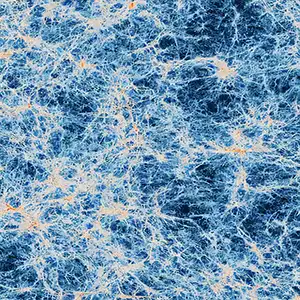 Simulation of a vast region of the universe based on the current cosmological model and performed using supercomputers. In the image, the faint glow of the gas within the cosmic filaments, forming a dense cosmic web, is shown in white. At the intersections of these filaments, the gas within galaxies, which fuels the formation of new stars, is highlighted in red. Click image to enlarge. Credit: Alejandro Benitez-Llambay/Universität Mailand-Bicocca/MPA