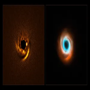 The image to the left, taken with ESO’s Very Large Telescope (VLT), shows a possible planet being born around the young star HD 135344B. The image to the right is a combination of previous observations taken with the SPHERE instrument also at the VLT (red) and the Atacama Large Millimeter/submillimeter Array (ALMA, orange and blue). Credit: ESO