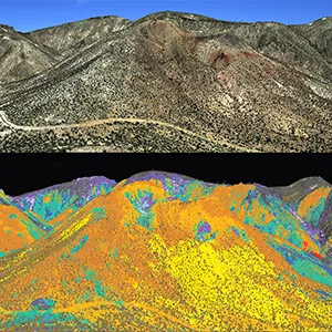 The hills of Cuprite, Nevada, appear pink and tan to the eye (top image) but they shine with mica, gypsum, and alunite among other types of minerals when imaged spectroscopically (lower image). NASA sensors used to study Earth and other rocky worlds have been tested there. Credit: USGS/Ray Kokaly