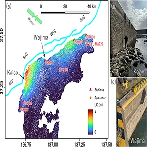 Spatial distribution of onshore vertical displacement. a Displacement obtained by SAR pixel offset analysis (Fukushima et al. 2024). The triangles and the circle indicate the seismic stations and the mainshock epicenter, respectively. Photos from the Kaiso fishing port with uplift of ~ 4 m (b) and Wajima port with ~ 1.5 m (c). Credit: University of Tokyo
