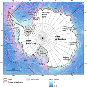 Overview of the study area, with zone subdivision and extent of the MBES cover (https://ibcso.org/current_version/). The Coastline of Antarctica and different ice occupation areas were obtained from Gerrish et al. (2023).