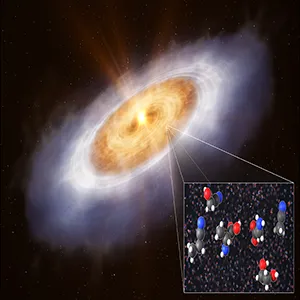 This artist's impression shows the planet-forming disk around the star V883 Orionis. In the outermost part of the disk, volatile gases are frozen out as ice, which contains complex organic molecules. The inset image shows the chemical structure of complex organic molecules detected and presumed in the protoplanetary disk (from left to right): propionitrile (ethyl cyanide), glycolonitrile, alanine, glycine, ethylene glycol, and acetonitrile (methyl cyanide). Credit: ESO/MPIA/HdA