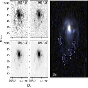 Images of COSMOS2020-635829 showing the 4 JWST filters used in the study. The RGB image on the right is a combination of the JWST F444W (red channel), the F277W (green channel), and F115W+F150W (blue channel). The dashed circles mark the four extra-planar sources that are identified in the tail of COSMOS2020-635829. Credit: arXiv (2025)