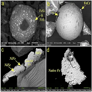 Examples of Fe-rich and silica-rich impact microspherules (a and b) and metallic dust particles (MDPs; c and d) interpreted as cometary dust from Baffin Bay cores. Yellow arrows show particles of FeSi, FeS, and FeCr on microspherules (a and b) and NiFe, low-O2 Fe, and native Fe on metallic particles (c and d). Note folded edges of MDP in panel d. Credit: Moore et al., 2025, PLOS One, CC-BY 4.0