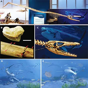 (A-C) Prognathodon kianda, based on specimens from Bentiaba, Angola on display in Sea Monsters Unearthed: Life in Angola’s Ancient Seas at the Smithsonian National Museum of Natural History. B. Tooth of shark Squalicorax from Bentiaba with scavenged Prognathodon bone. D. Life reconstruction of the shark Squalicorax scavenging a carcass of Prognathodon kianda. Remains of Prognathodon and Squalicorax are widespread, which suggests that scavenging behavior documented elsewhere also occurred in Louisiana. E. Life reconstruction of Prognathodon kianda. Credit: Smithsonian Institute; artwork by Karen Carr