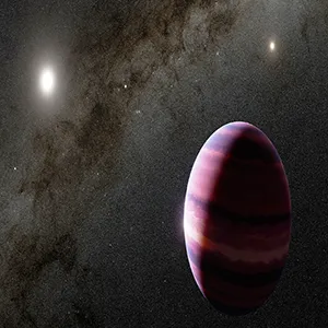 In this concept, Alpha Centauri A is depicted at the upper left of the planet, while the other Sun-like star in the system, Alpha Centauri B, is at the upper right. Our Sun is shown as a small dot of light between those two stars. Credit: NASA/ESA/CSA