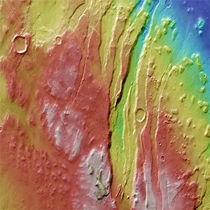 Topography of Acheron Fossae’s western edge. Credit: ESA