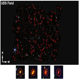 Graphic showing the mysterious objects with very high redshift, possibly early galaxies in the universe, that the University of Missouri researchers identified in their study. Credit: JWST/Bangzheng “Tom” Sun/University of Missouri