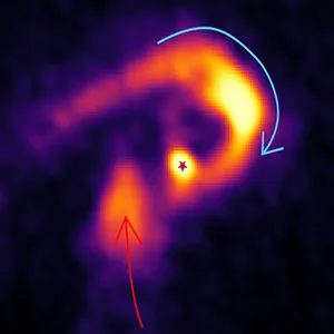 The dust emission of the high-mass star forming region G336.018-00.827 ALMA1 at radio wavelengths. The star symbol indicates the protostellar position. The gas is rotating and falling along the red and blue arrows. The gas flow (streamer) indicated by the blue arrow transports gas from the molecular cloud core to the high-density region in the vicinity of the protostar. Credit: KyotoU / Fernando Olguin