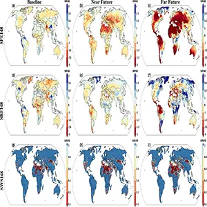 Ensemble mean of Day Zero drought and water scarcity indices at a 48-month timescale across three time periods. The first column panel shows water stress for the pre-industrial period (1850–1899), the second column panel for the near future (2020–2050), and the third column panel for the far future (2070–2100). Credit: Nature Communications
