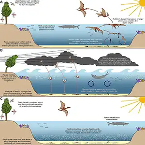 (A) Most of the time, pterosaurs stood little chance of becoming fossils. Decaying larger individuals sometimes left behind scattered bones that reached the lagoon floor, but smaller pterosaurs were usually lost without trace. (B) Storms, however, created very different conditions. Powerful winds and waves dragged the bodies of small and young pterosaurs into deeper waters. Credit: University of Leicester