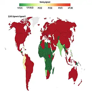 The figure shows how national climate pledges (NDCs) compare with global pathways that would limit warming to between 1.5°C and 4°C. Under the approach as proposed in the research, global emissions are divided up in a way that reflects fairness and equity. The colors show whether a country's pledge is strong enough to match a 1.5°C pathway or instead lines up with weaker pathways (2°C, 3°C, or 4°C). Credit: Yann Robiou du Pont, et al., Nature Communications.