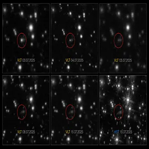 This sequence of images shows the evolution over several days of the gamma-ray burst GRB 250702B. The first five images shown here were taken with the VLT’s HAWK-I infrared camera. The explosion, marked here with circles, appears to be nested within an elongated galaxy. An image taken with the NASA/ESA Hubble Space Telescope (HST) on 15 July, bottom right, confirmed this. The galaxy appears to be seen edge-on, with a dark dust-lane crossing it. Credit: ESO/A. Levan, A. Martin-Carrillo et al./NASA/ESA 