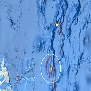 The location of the unnamed seamount mapped during the Beyond the Blue: Palau Mapping 2 expedition relative to the ship’s trackline shows the lawn mowing survey pattern and position north of Palau. Credit: NOAA Ocean Exploration, 2025 Beyond the Blue