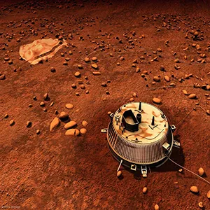 An artist's concept of the Huygens probe from the Cassini Mission sitting on Titan. Credit: ESA/NASA