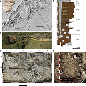 A) Location map of the Malia rock shelter (Guadalajara, Spain) in the context of the Sistema Central Mountain range; B) View of the Tamajón karst area and the Malia rock shelter; C) Open-area excavation of the site; D) Stratigraphic column for the Malia rock shelter. E) Combustion structure identified in the LU-IVb. Credit: Quaternary Science Advances (2025)
