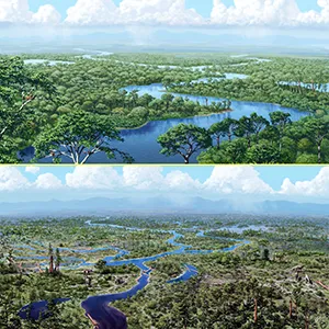 Dinosaurs were "ecosystem engineers," preventing dense forests from growing. Their sudden demise led to widescale ecological changes, according to a University of Michigan study, as represented here in an artistic rendering. Credit: Julius Csotonyi