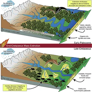 Conceptual illustration of the ‘Dinosaurs as Ecosystem Engineers’ hypothesis. Credit: Nature Communications