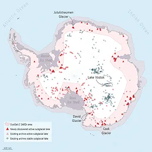 This map of subglacial lakes beneath the Antarctic ice sheet shows 85 lakes newly identified in a study published in Nature in September 2025. The data for this inventory comes from ESA’s CryoSat mission, which used its radar altimetry instrument to acquire data between 2010 and 2020. Credit: ESA