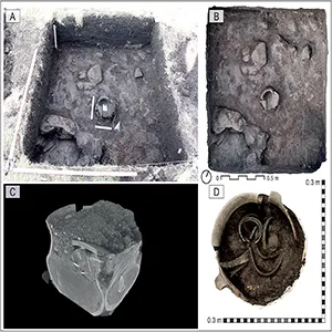 Investigation of Hoard V: A) photograph of the sondage around the hoard; B) photogrammetric representation of the in situ hoard; C) CT inspection of the assemblage; D) photograph of contents taken during the excavation (figure by authors).
