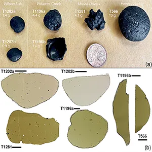 (a) Picture of the six high Na/K australites studied. The find location of each tektite is indicated at the top of each column, and the mass is reported for each specimen. (b) Polished sections of the same samples under the optical microscope. For samples from the same location, the specimen with higher mass is labelled ‘a’ and the other ‘b’. All scale bars correspond to 2 mm. Credit: Curtin University/Science Direct