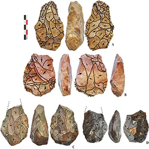 Large cutting tools. A handaxe from Şirinkent I (A); A cleaver from Şirinkent I (B); Handaxes with broken distal ends from Sahilkent (C and D). Credit: Hacettepe University