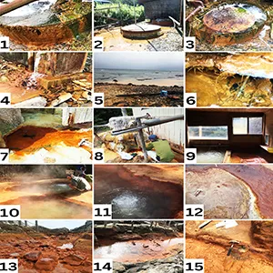 Pictures of the hot springs sampled in this study. Kowakubi hot spring [1, 2, and 3]: Source well showing microbial mats and iron oxides. Tsubakiyama hot spring [4, 5, and 6]: Spring water flowing from source tube, outflow of the spring to the ocean showing oxidation of fluid and close-up of source microbial mat. Furutobe hot spring [7, 8, and 9]: Spring water flowing from tube, pump to the bathing area, bathing area. OHK hot spring [10, 11, and 12]: Close-up to microbial mats and travertine deposition at the spring source. Jinata hot spring [13, 14, and 15]: Spring source during low tide, aerial view of spring at rising tide, sediments at low tide. Credit: ELSI