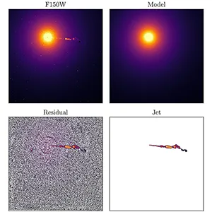 Processing of the F150W image of M87's black hole jet: Full F150W image, smooth galaxy model, residual, and masked jet image. Credit: Astronomy & Astrophysics (2025)