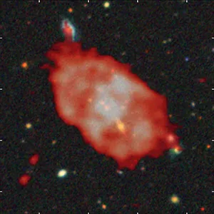 Optical RGB image from the Legacy Surveys, overlaid with radio emission in red from the LOFAR Two-Meter Sky Survey (LoTSS), showing the 'odd radio circle' (ORC) RAD J131346.9+500320. Credit: RAD@home Astronomy Collaboratory (India)
