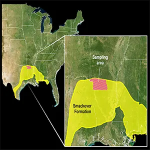 This map of the U.S. shows an inset area displaying highlighted areas for the Smackover Formation and sampling area. The Smackover formation (highlighted in yellow) covers the southern to eastern portion of Texas, southern portion of Arkansas, the upper half of Louisiana and some eastern areas, southern half of Mississippi, southwest area of Alabama, and portions of the Florida panhandle. The sampling area is located in the lower portion of Arkansas (highlighted with red stripes). Credit: USGS