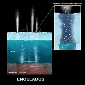 This illustration shows the process of light, soluble and reactive organic compounds making their way onto ice grains emitted in jets of water from Saturn's moon Enceladus, where they were detected by the Cassini spacecraft. Scientists believe Enceladus may harbor life. Credit: ESA