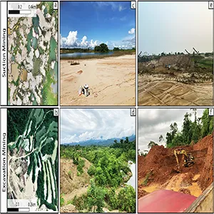 (a) Drone image of suction mining site with ponds and tailing piles (photo credit: A. J. West); (b) Aerial image of Cinco Rebeldes with tailing piles on left and ponds on right (image courtesy of Google Maps); (c) Suction mining site LP-6 (deforested in ~2016) and (d) Excavation mining site from top of tailings pile (mined in 2018) (photo credit: A. Atwood); (e) Example of suction mining process in Balata (photo credit: A.J. West, Sept. 2024); (f) Example of excavation mining with topsoil preservation at Cinco Rebeldes. Credit: A. Atwood
