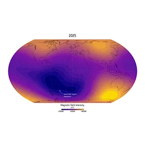 Using 11 years of magnetic field measurements from the European Space Agency’s Swarm satellite constellation, scientists have discovered that the weak region in Earth’s magnetic field over the South Atlantic – known as the South Atlantic Anomaly – has expanded by an area nearly half the size of continental Europe since 2014. Credit: ESA