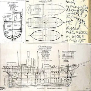 Sir Ernest Shackleton's ship, Endurance. Cross-section along the center line, Midship cross-section, and the Decks. (Framnæs Mekaniske Værksted, 1911). Reproduced by kind permission of the Vestfoldmuseene/Polar Record