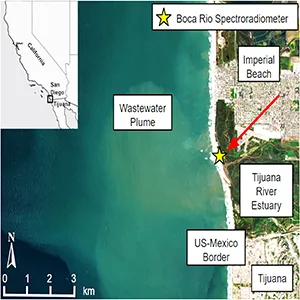 True color Sentinel-2 image of the Tijuana River Estuary and coastal ocean. This image (collected on March 24, 2023) captures a wastewater plume. Location of field deployed spectroradiometer is indicated with a yellow star. Credit: ScienceAdvances