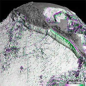 Partial seafloor features derived from SWOT data on regions off Mexico, South America, and the Antarctic Peninsula. Purple denotes regions that are lower relative to higher areas like seamounts, depicted in green. Eötvös is the unit of measure for the gravity-based data used to create these maps. Credit: NASA