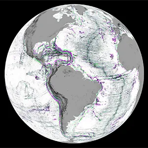 This global map of seafloor features is based on ocean height data from the SWOT satellite. Purple denotes regions that are lower compared to higher features such as seamounts and abyssal hills, depicted in green. Eotvos is the unit of measure for the gravity-based data and to create the maps. Credit: NASA Earth Observatory