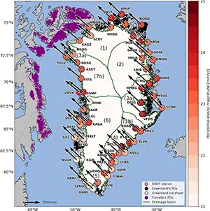 Horizontal land motion observed on Greenland by the 58 GNET stations used in this study, processed in the IGS14 reference frame. Their location is shown by the colored circles together with their labels. The boundaries of Greenland's ice melt drainage basins are shown in green with numbers. The Greenland Ice Sheet (GrIS) is represented in white and peripheral glaciers in Greenland (GrPG) and Arctic Canada (CanPG) are highlighted in black and purple, respectively. Credit: JGR Solid Earth