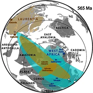 Plate reconstruction of West African Craton (blue) and Laurentia (orange) according to Kent statistical treatment of sedimentary data and Bingham statistical treatment of coeval volcanic data. Credit: Science Advances