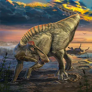 Scene painting some 66 million years ago showing the duck-billed dinosaur as it appeared in life based on mummies discovered in east-central Wyoming which document its scaly skin and hooves. It had a fleshy crest over neck and trunk, a fleshy spike row over hips and tail and hooves capping the toes of the hind feet. Credit: Dani Navarro