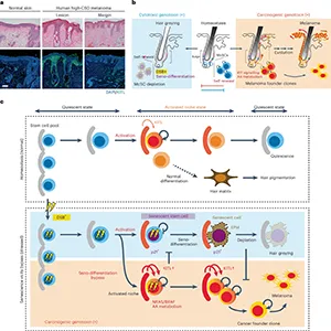 Schematic illustration of antagonistic stem cell fates that determine gray hair pigmented tissue aging and cancer development. Credit: University of Tokyo